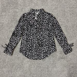 Candie's Shirt Womens Small Black Floral Button Front Tie Cuff Blouse Top